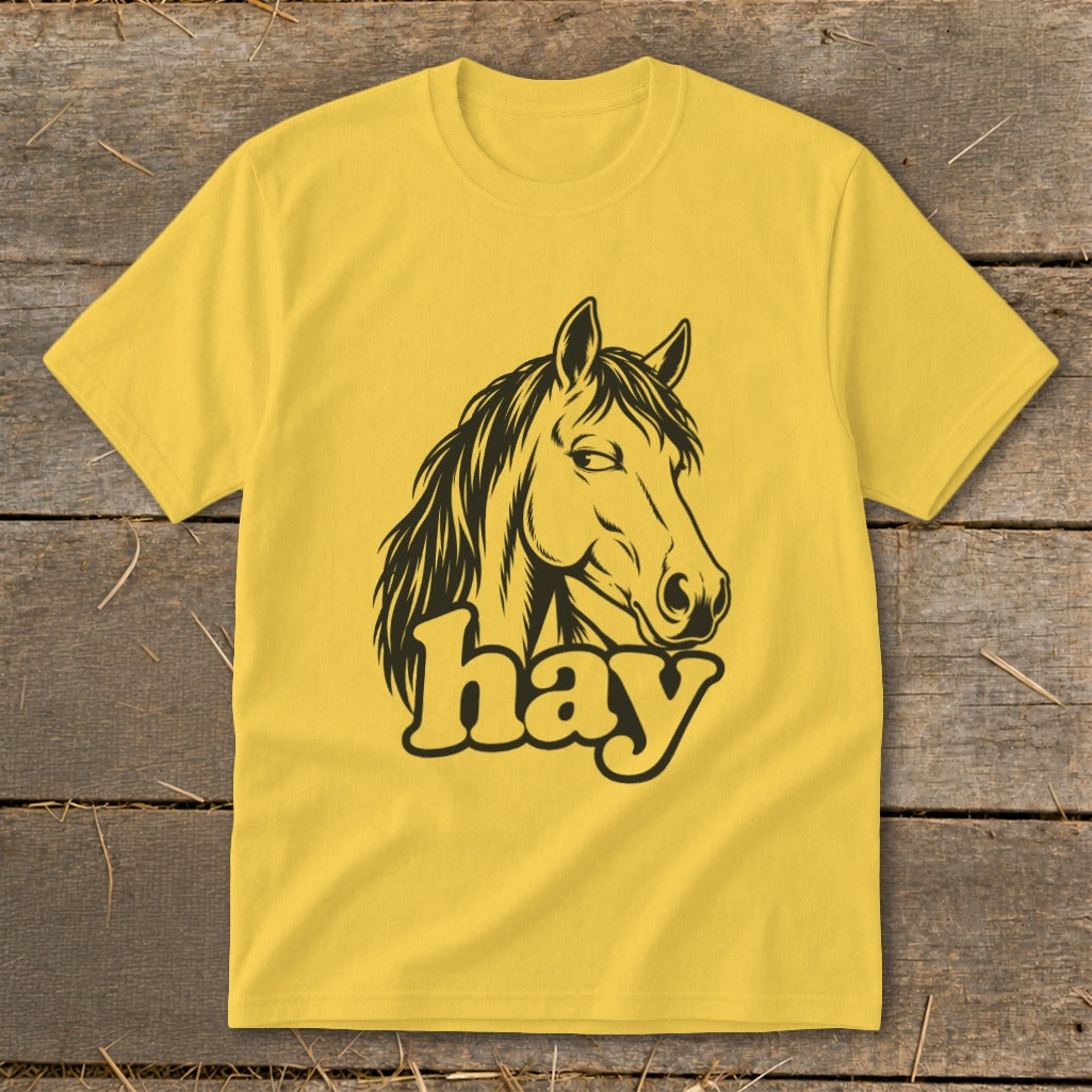 Yellow t-shirt with a black graphic of a horse's head and the word "hay".