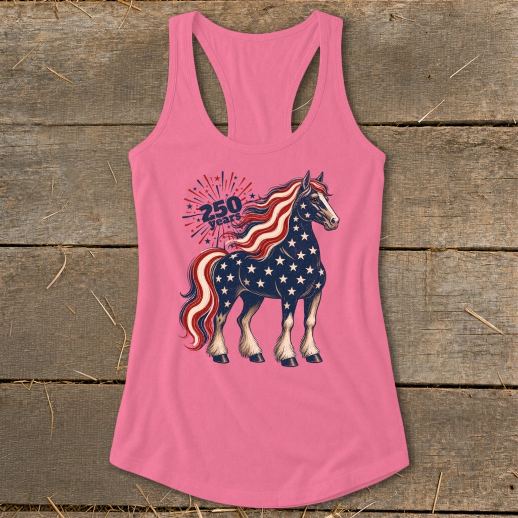 Pink tank top with a horse graphic featuring stars and stripes, and text "250 years".