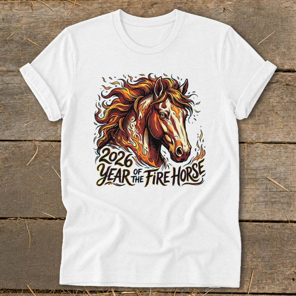 White t-shirt with 2026 Year of the Fire Horse design featuring a horse head in flames.