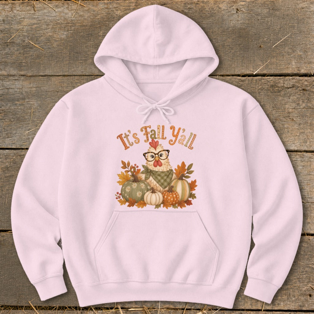 Pink hoodie with a chicken graphic and "It's Fall Y'all" text among pumpkins and leaves.