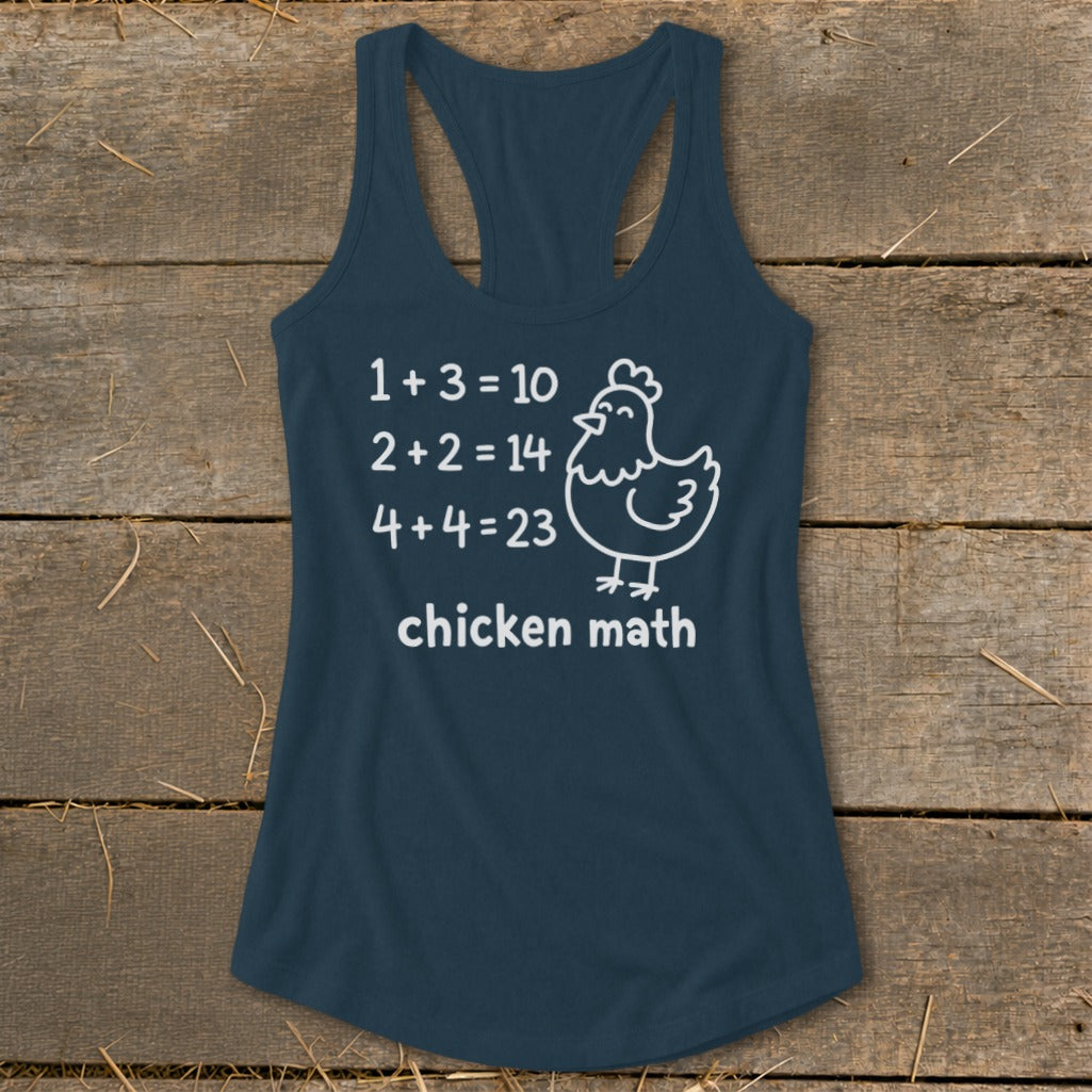 Dark blue tank top with white text and chicken graphic reading "chicken math".