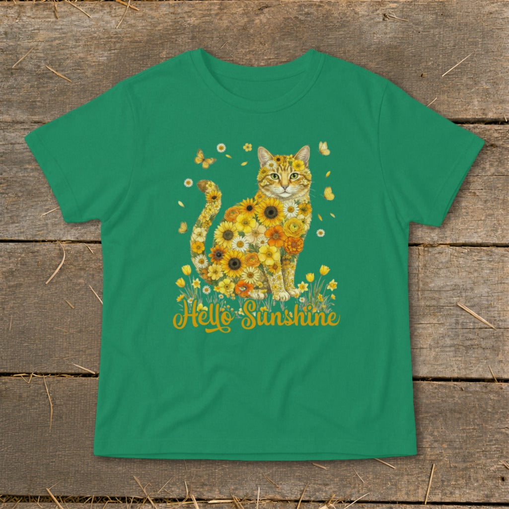 Green t-shirt with a cat made of yellow flowers and the text "Hello Sunshine".