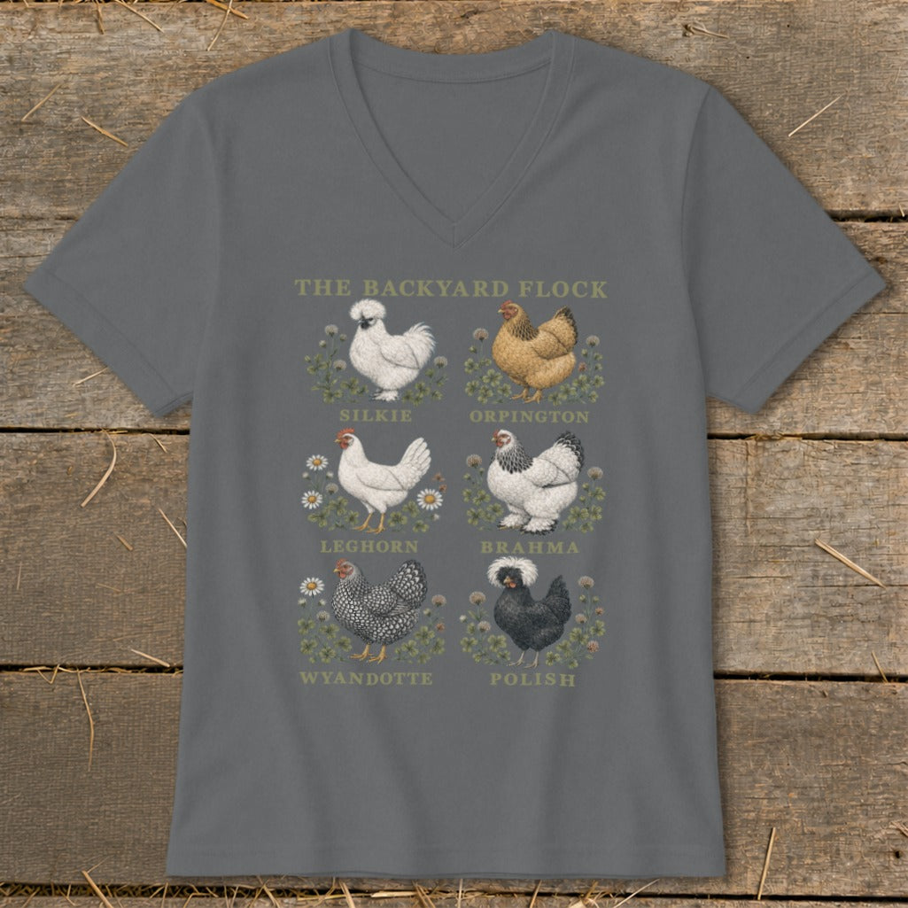The Backyard Flock design with six chicken breeds: Silkie, Orpington, Leghorn, Brahma, Wyandotte, and Polish.