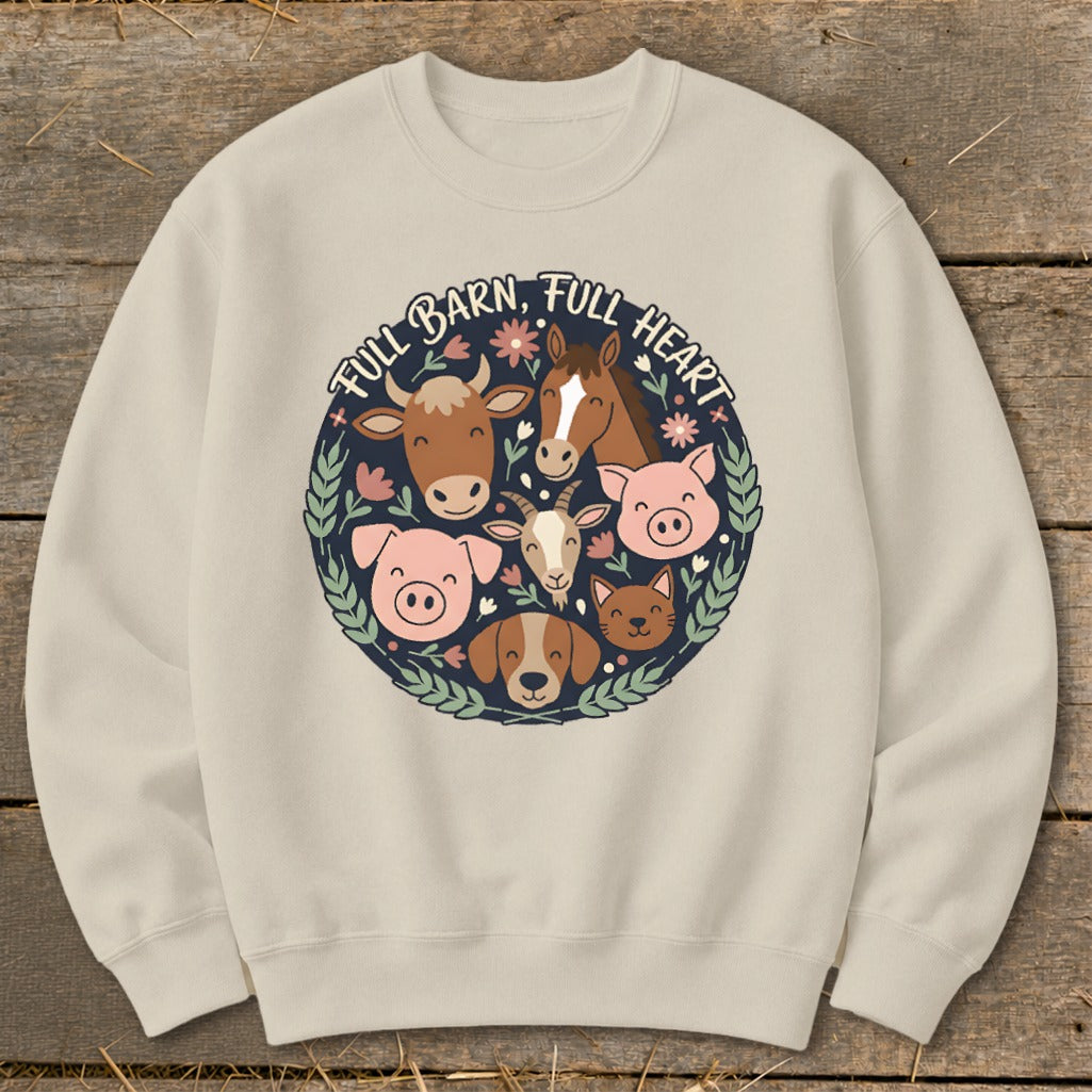 Cream sweatshirt with circular farm animal illustration and "Full Barn, Full Heart" text.