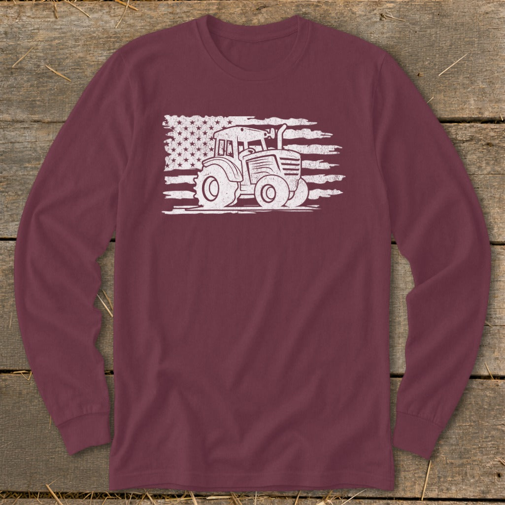 Maroon long-sleeve shirt with distressed tractor and American flag graphic.