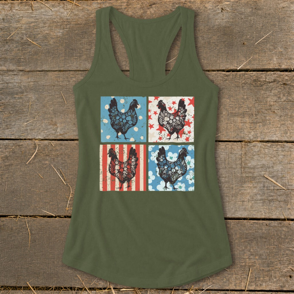 Tank top with four squares featuring patriotic chickens in floral and star patterns.