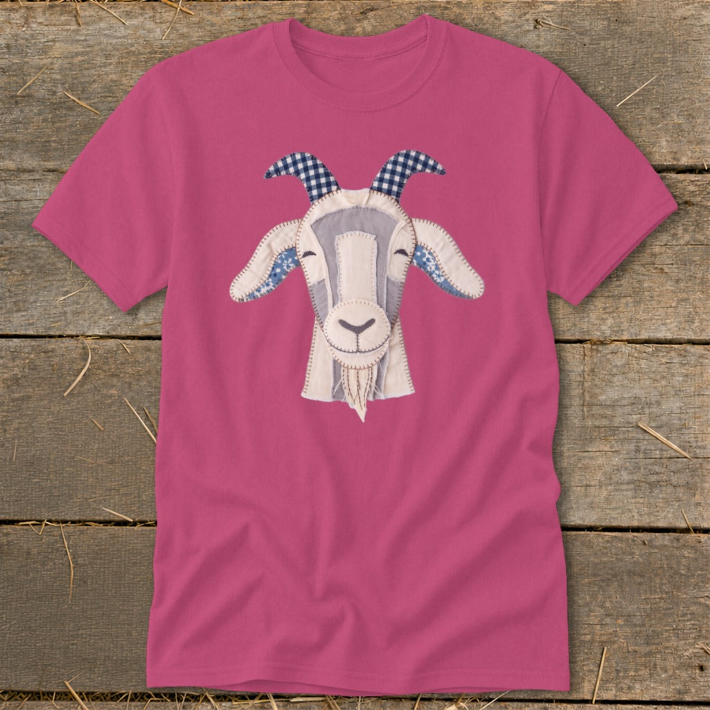 Pink t-shirt with a stitched goat applique on the chest.