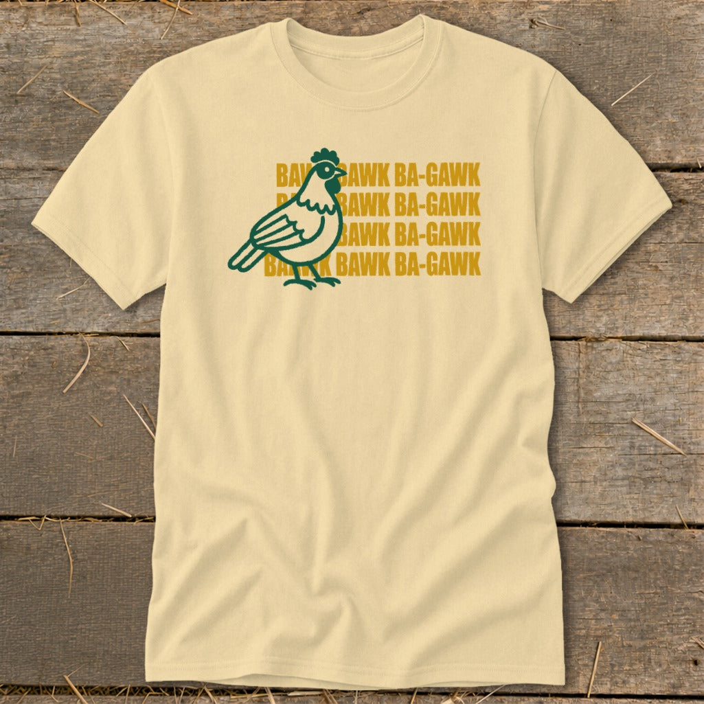 Cream t-shirt with green chicken graphic and repeating "Bawk Ba-Gawk" text.