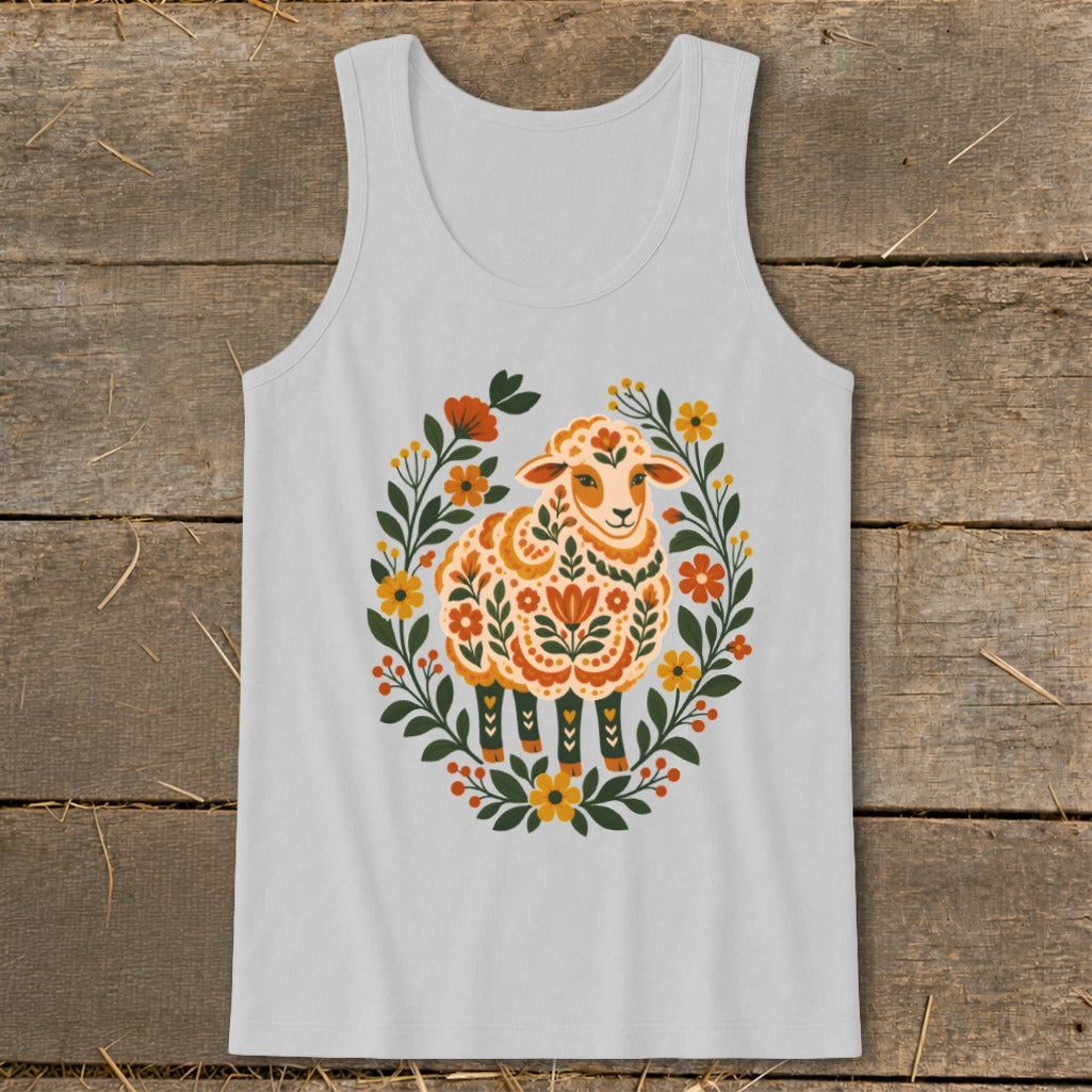 White tank top with a colorful folk art sheep design surrounded by floral elements.