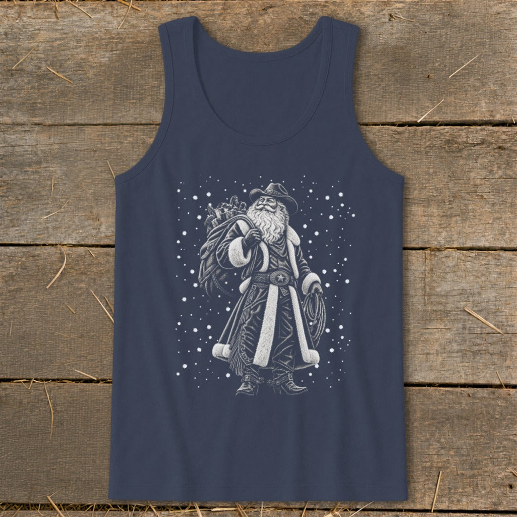 Dark blue tank top with a cowboy Santa Claus graphic and falling snow.