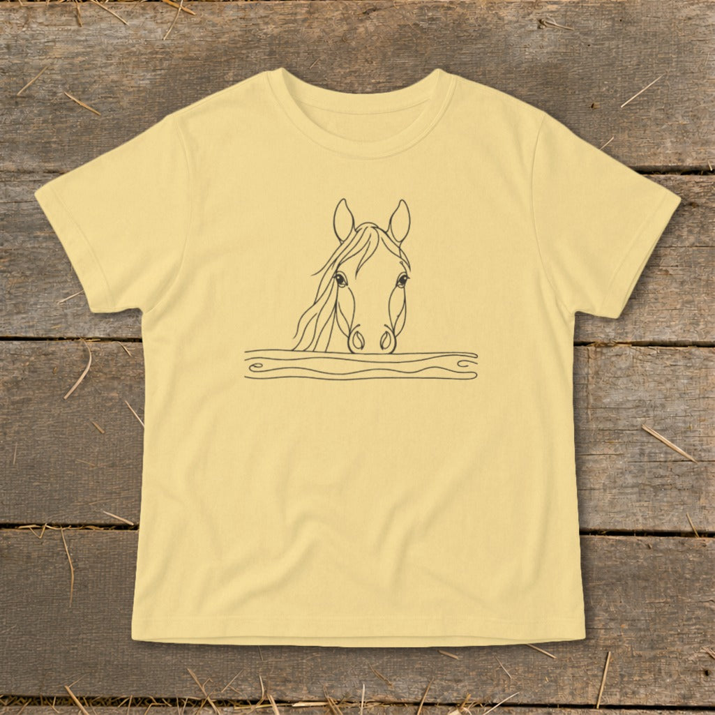 Line drawing of horse head above wavy lines on a pale yellow t-shirt.