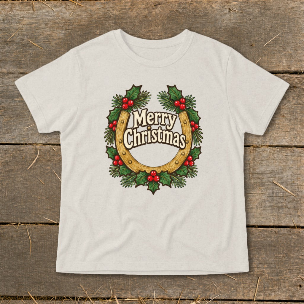 T-shirt with horseshoe wreath and "Merry Christmas" text.