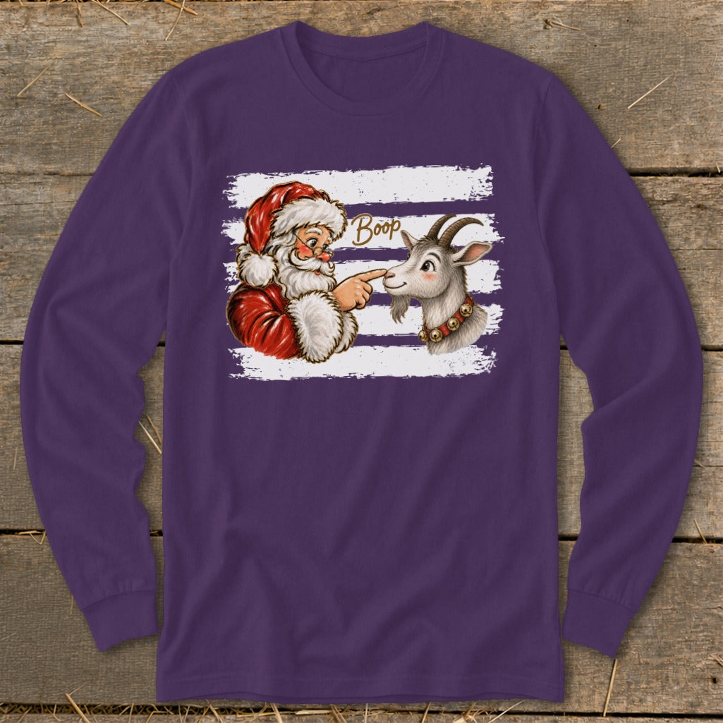Santa booping a goat's nose with "Boop" text on a white striped background.