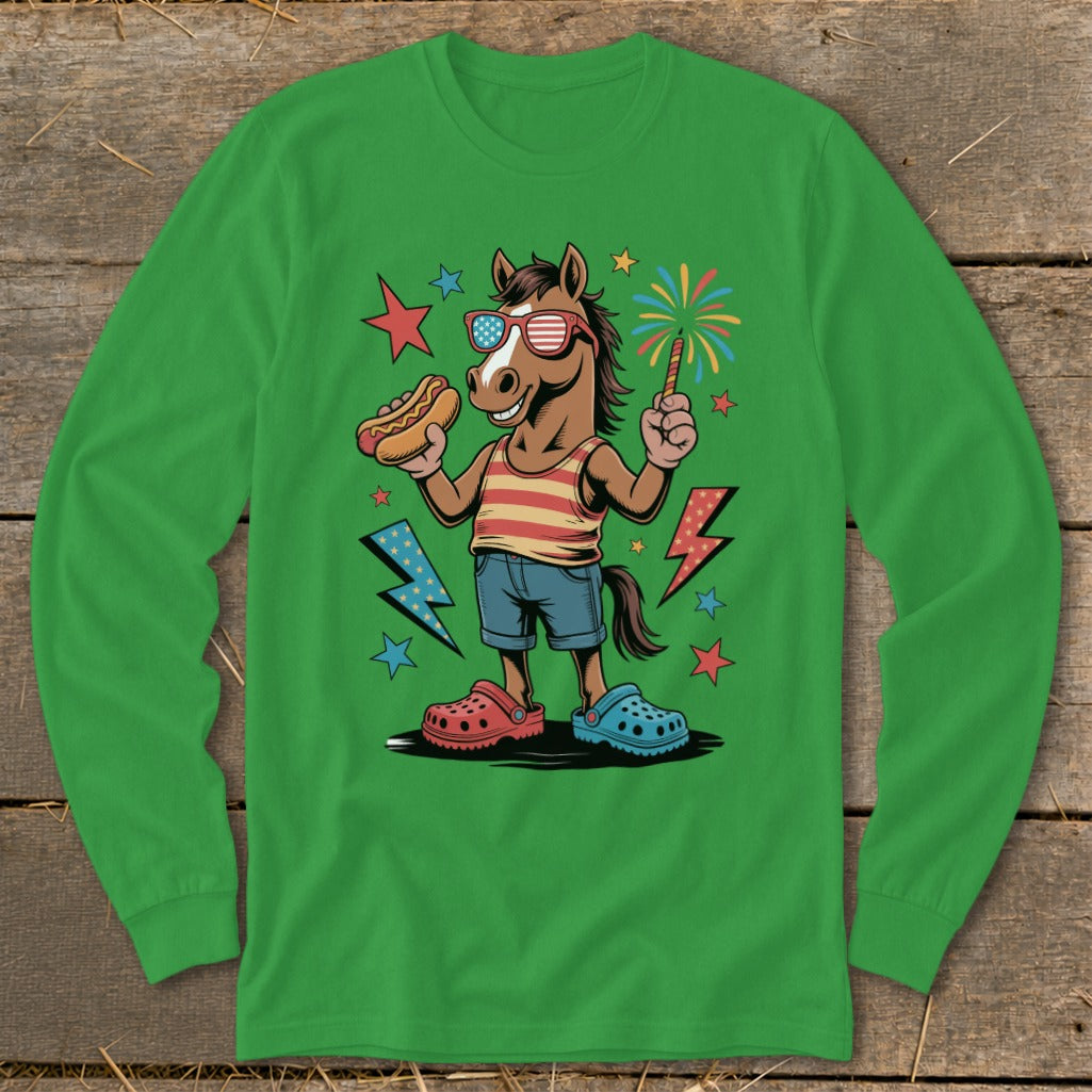 Cartoon horse wearing sunglasses and holding a hot dog and sparkler.