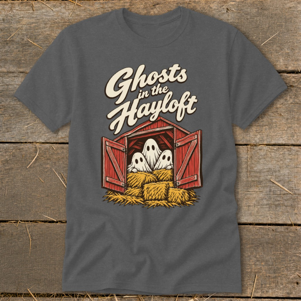 Ghosts in the Hayloft text over barn with three ghosts in hay bales.