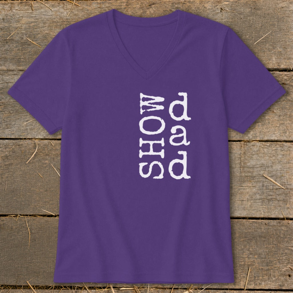 Purple v-neck t-shirt with vertical white text that reads "SHOW dad".