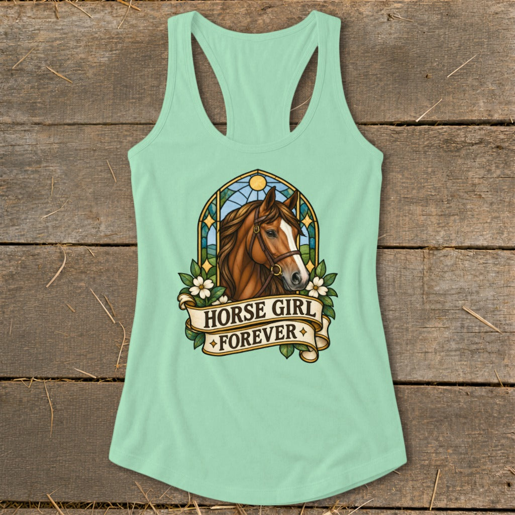 Mint tank top with a stained-glass style horse head graphic and "HORSE GIRL FOREVER" text.