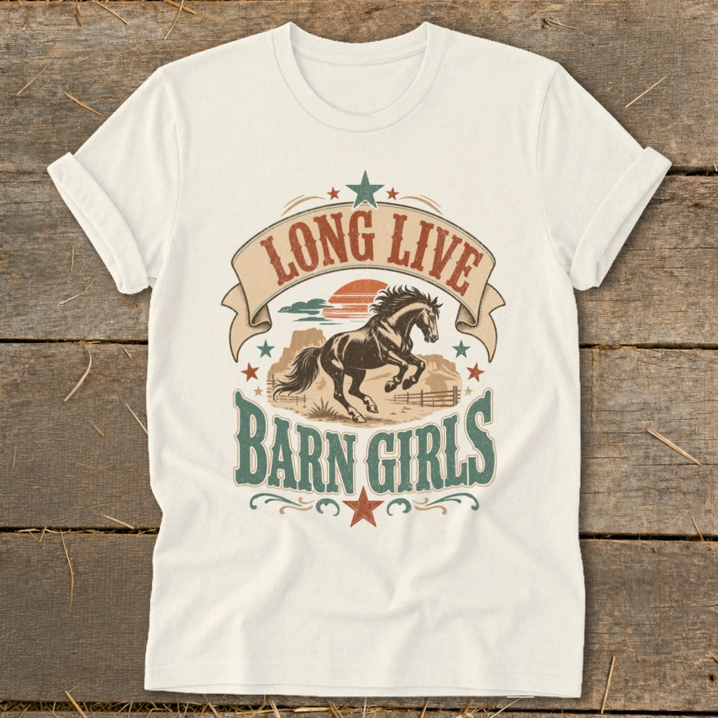 Cream t-shirt with Long Live Barn Girls graphic, featuring a running horse and sunset.