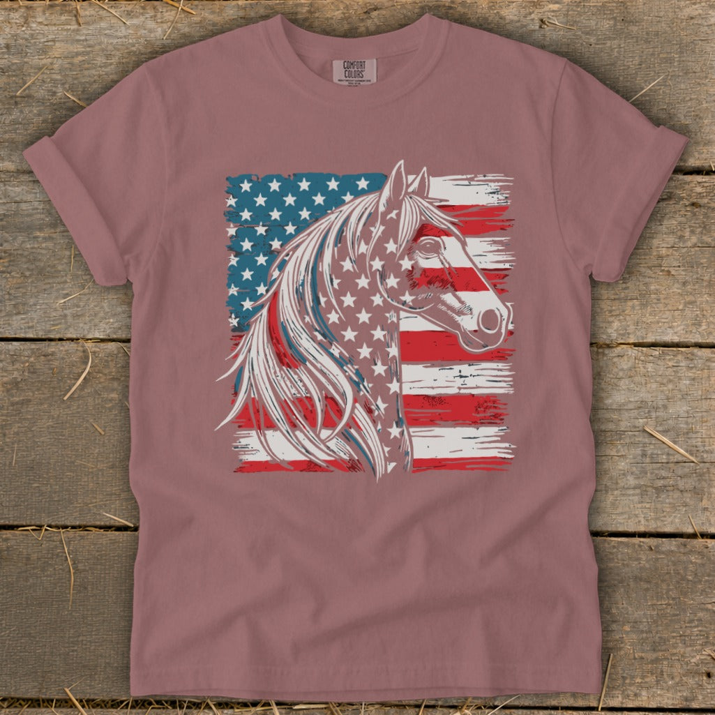 Horse head with American flag design on t-shirt.