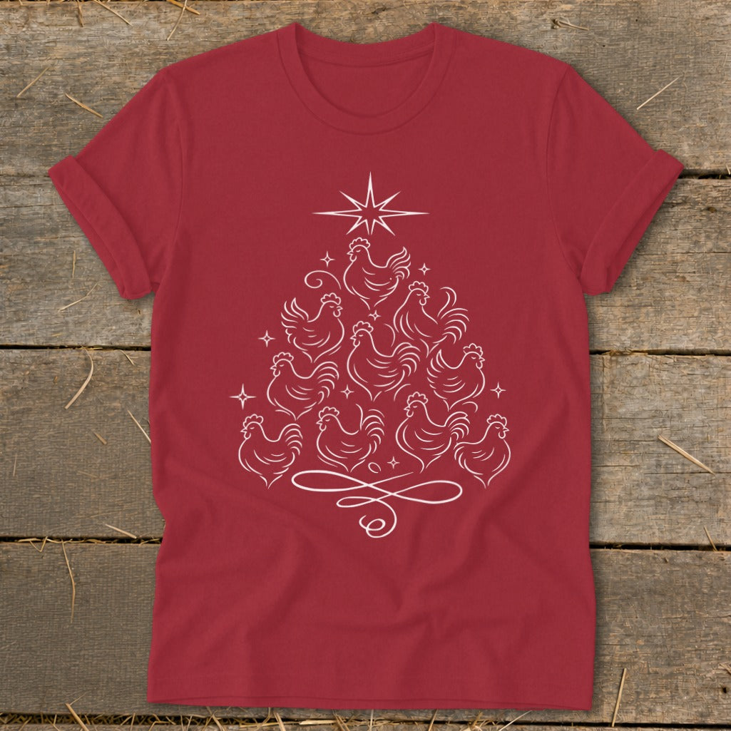 Red t-shirt with white line art of chickens forming a Christmas tree with a star.