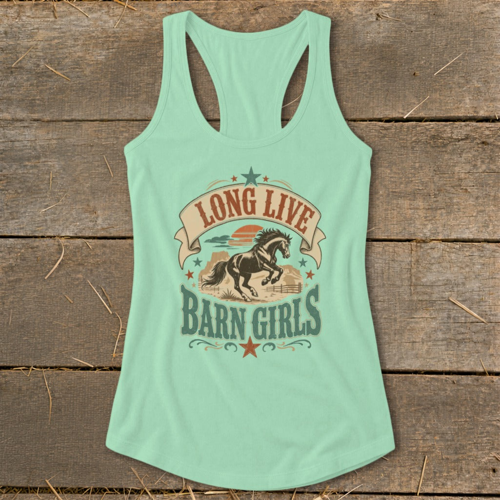 Light blue tank top with "Long Live Barn Girls" text and horse graphic.