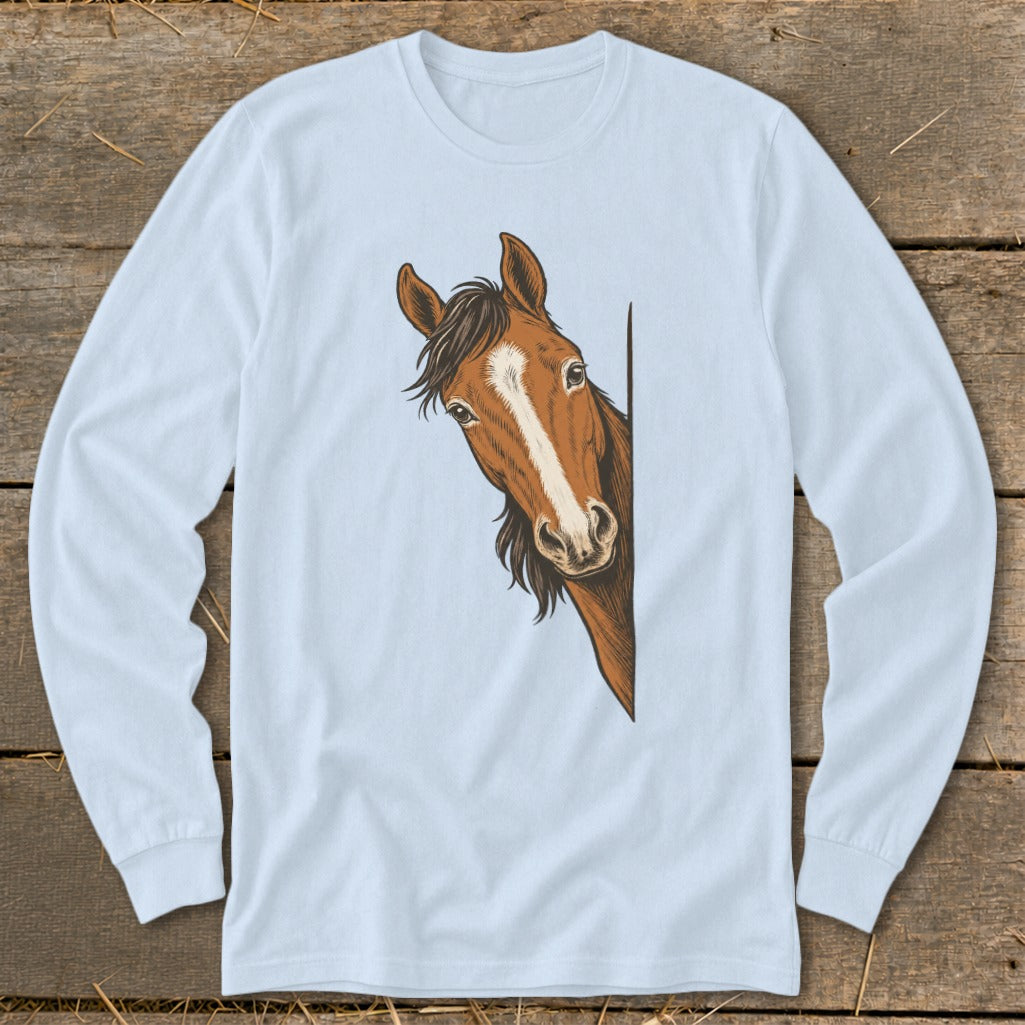 Light blue long-sleeve shirt with a brown horse head peeking from the right.