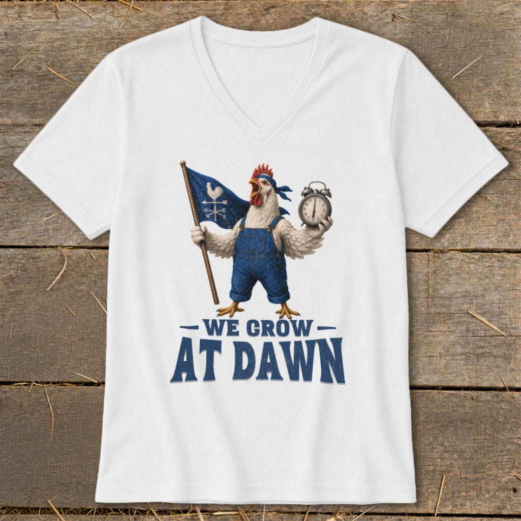Chicken in overalls holding flag and alarm clock, text "We Grow At Dawn."