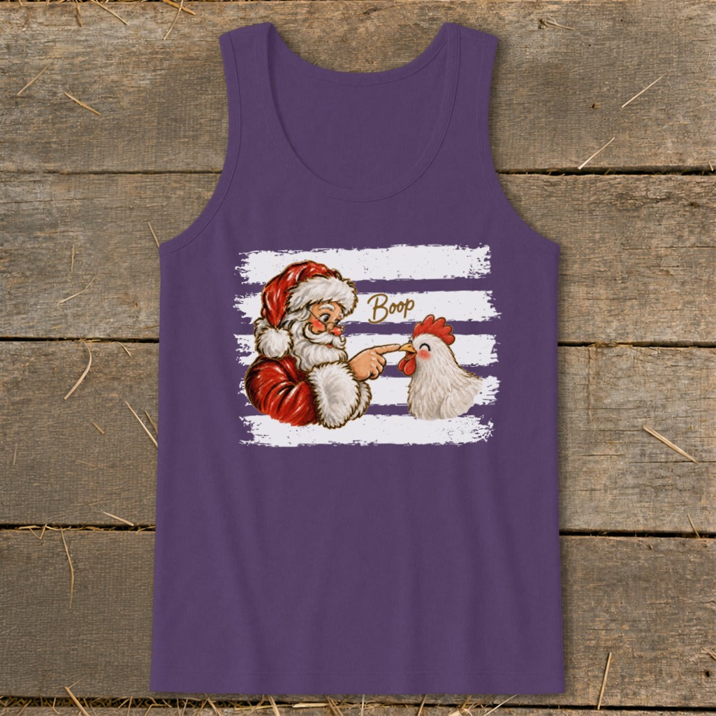 Santa booping a chicken with the word "Boop" on a purple tank top.