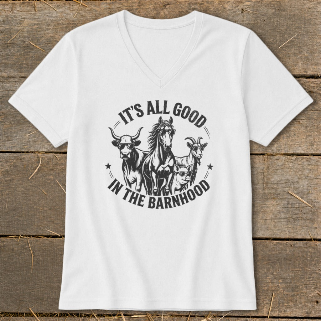 Black and white graphic of farm animals wearing sunglasses with text "IT'S ALL GOOD IN THE BARNHOOD".
