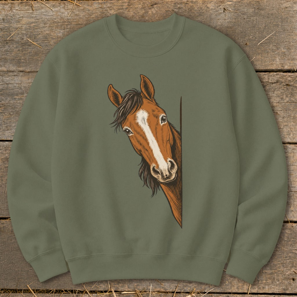 Olive green sweatshirt with a detailed drawing of a horse's head peeking from the side.