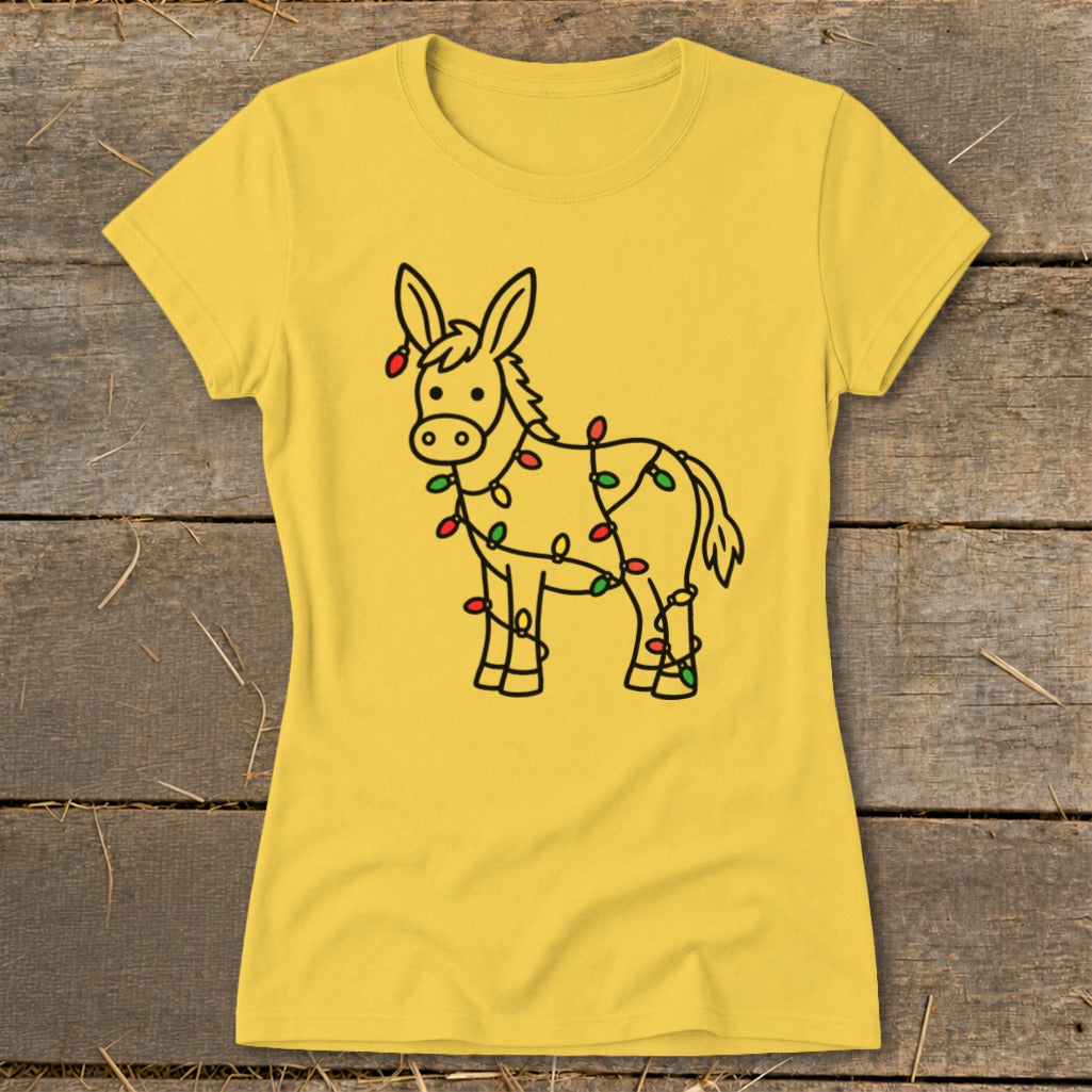Yellow t-shirt with a black outline drawing of a donkey wrapped in holiday lights.