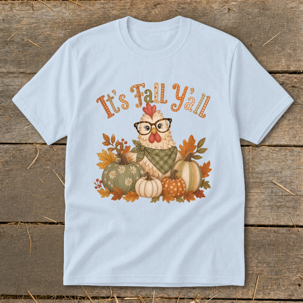 Light blue t-shirt with a chicken wearing glasses and "It's Fall Y'all" text.