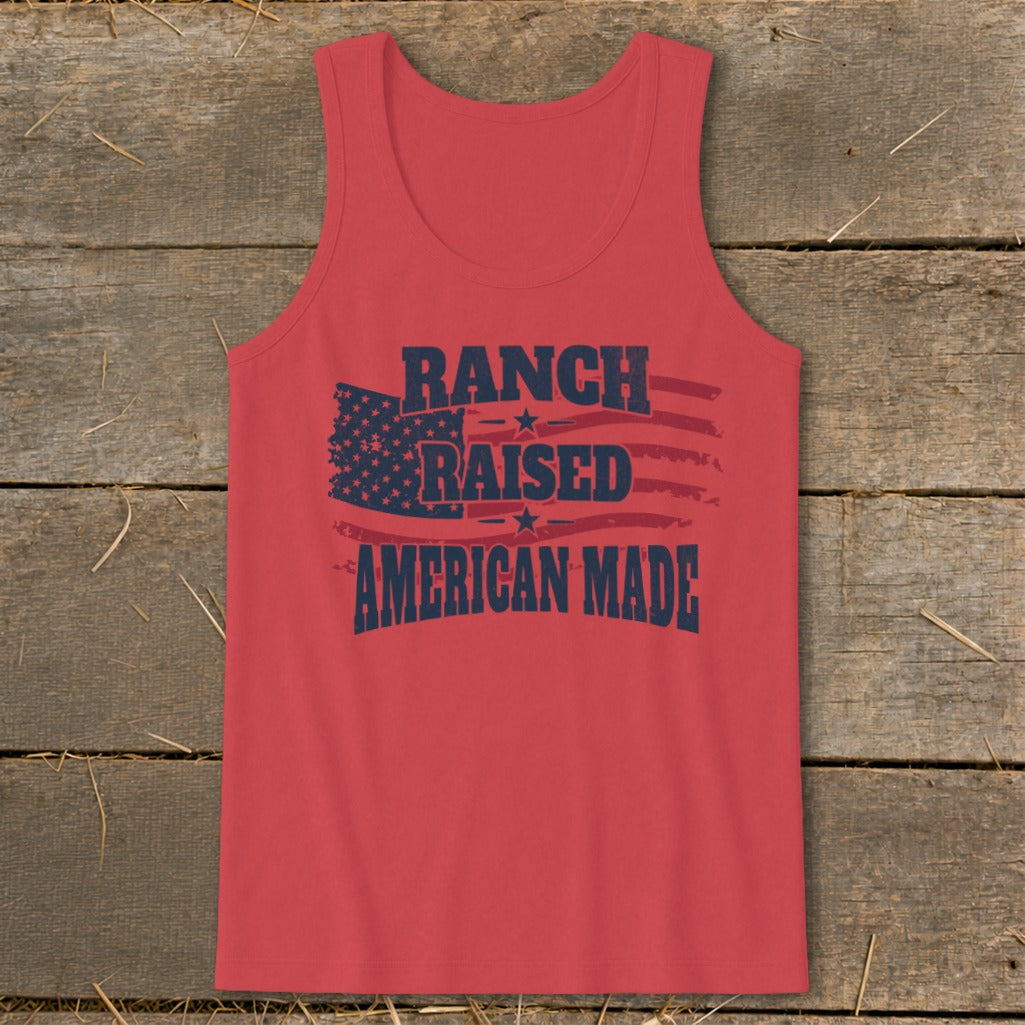 Red tank top with "Ranch Raised American Made" text and distressed American flag graphic.