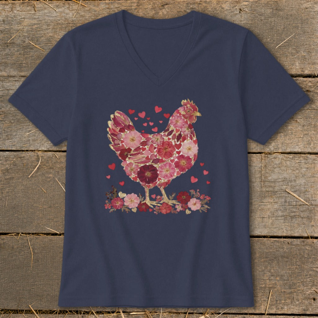 Navy v-neck t-shirt with a floral chicken and hearts design.