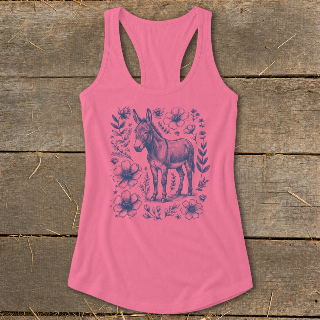Pink tank top with a blue ink drawing of a donkey surrounded by flowers.