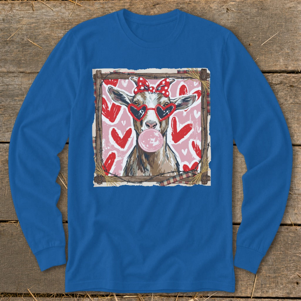 Goat wearing heart sunglasses and bow blowing bubblegum, pink hearts background.