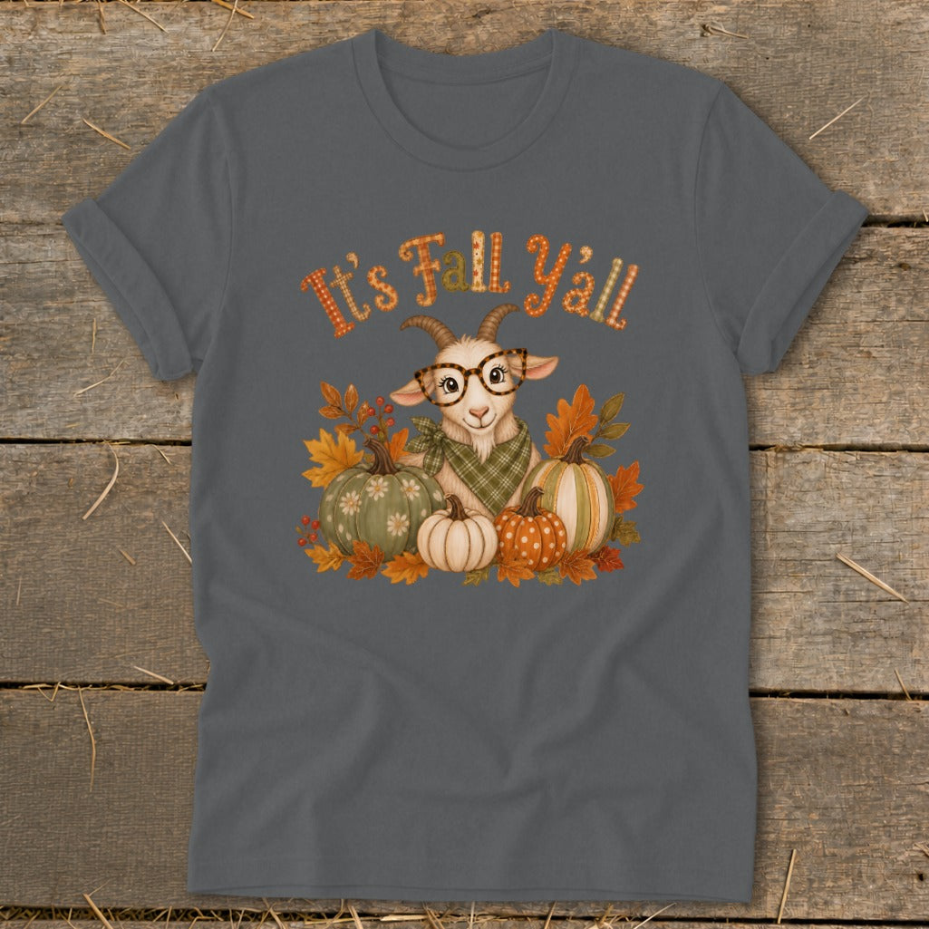 T-shirt with "It's Fall Y'all" text and a goat with pumpkins.