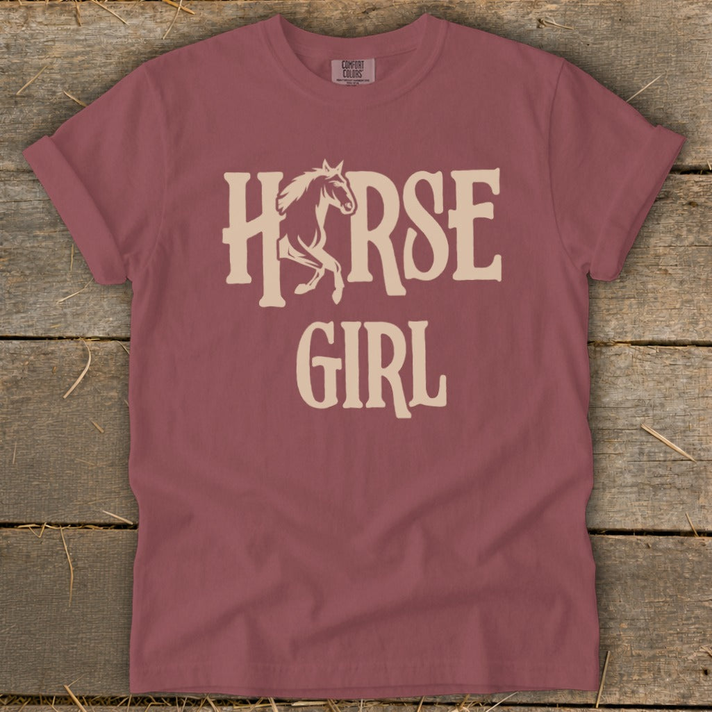 Maroon t-shirt with "HORSE GIRL" text and horse graphic.