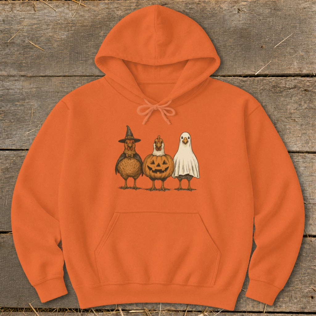 Orange hoodie with three chickens dressed as Halloween characters.