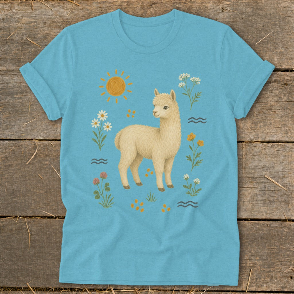 A light yellow alpaca stands in a field of flowers under a smiling sun.