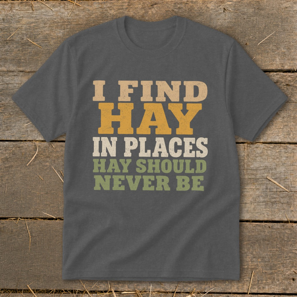 Charcoal t-shirt with "I FIND HAY IN PLACES HAY SHOULD NEVER BE" text.