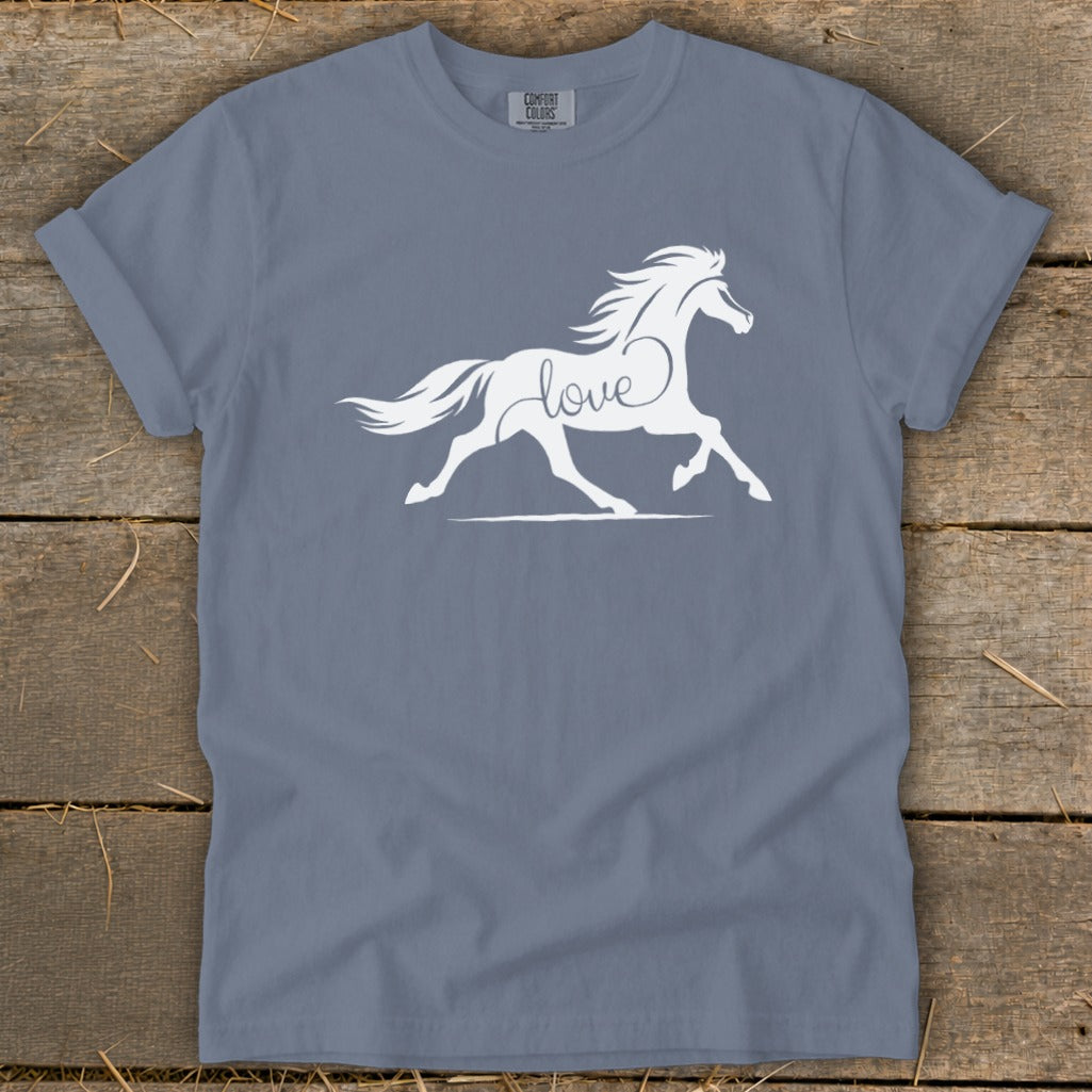 Blue t-shirt with white horse silhouette and "love" text graphic.
