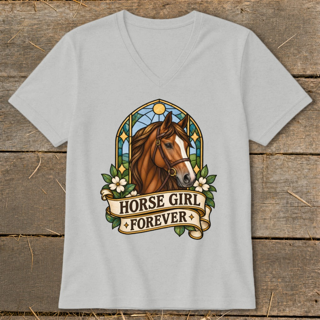 Light gray v-neck t-shirt with a stained-glass style horse head and "Horse Girl Forever" text.
