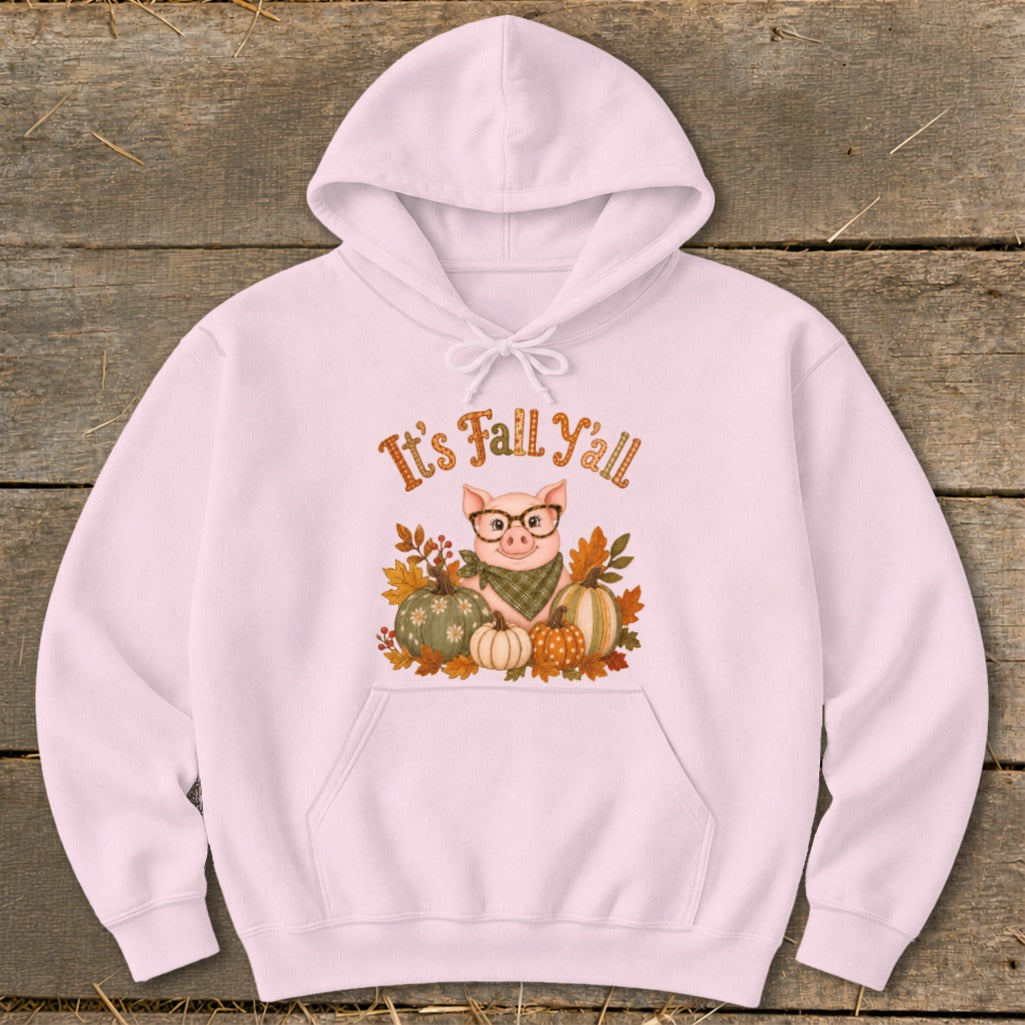 Pink hoodie with a pig, pumpkins, and leaves graphic saying "It's Fall Y'all".