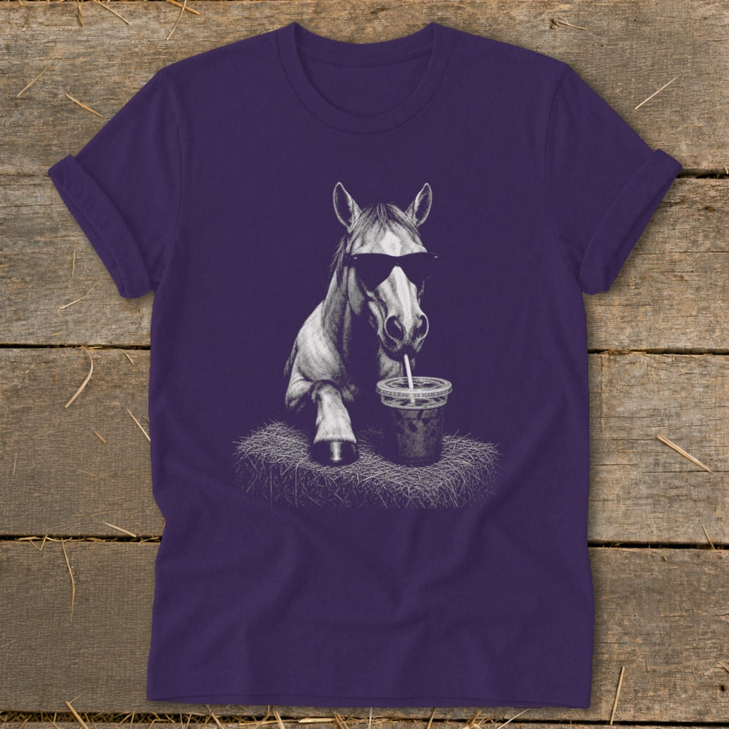 Purple t-shirt with a graphic of a horse wearing sunglasses drinking from a cup.