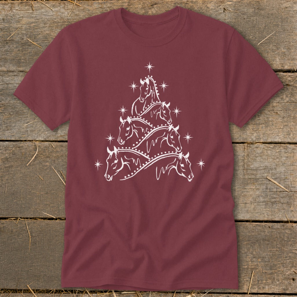 Maroon t-shirt with a white line art Christmas tree made of horses.
