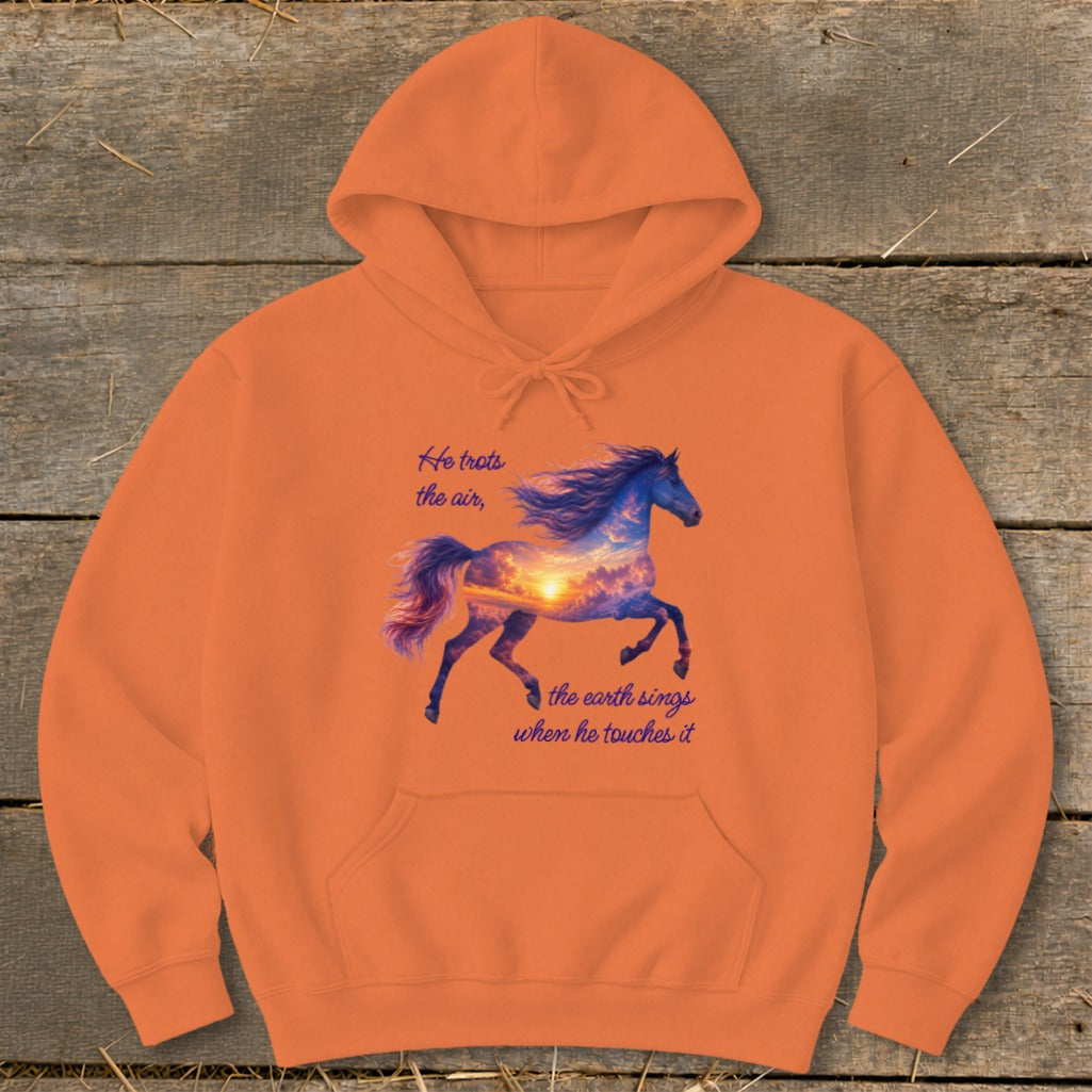 An orange hooded sweatshirt featuring a graphic of a running horse filled with a sunset sky and text.