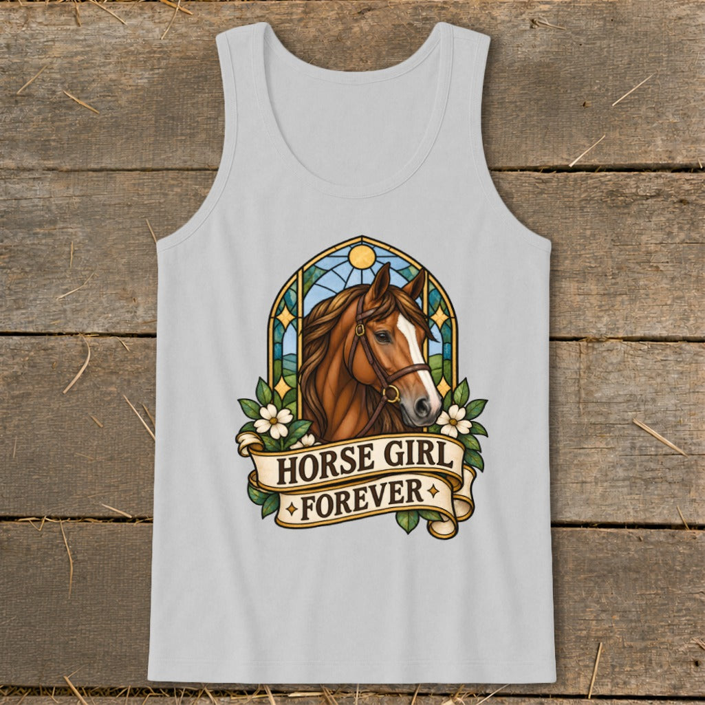 Brown horse head with "HORSE GIRL FOREVER" banner, framed by stained glass.