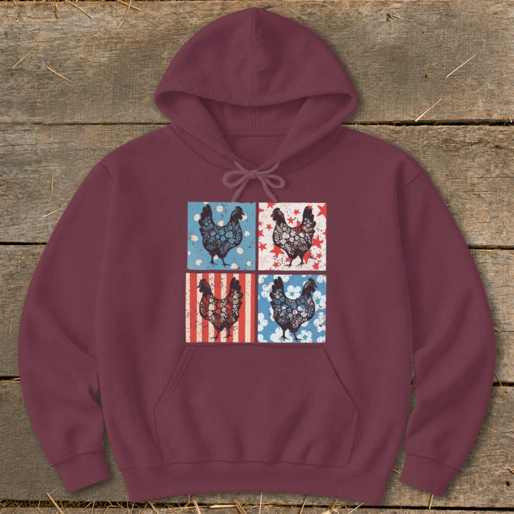 Maroon hoodie with four panels featuring distressed patriotic chicken designs.
