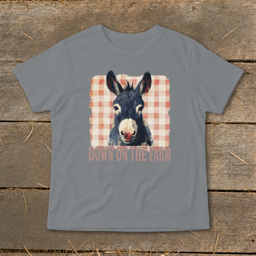 Donkey portrait with text "DOWN ON THE FARM" on a red and white checkered background.